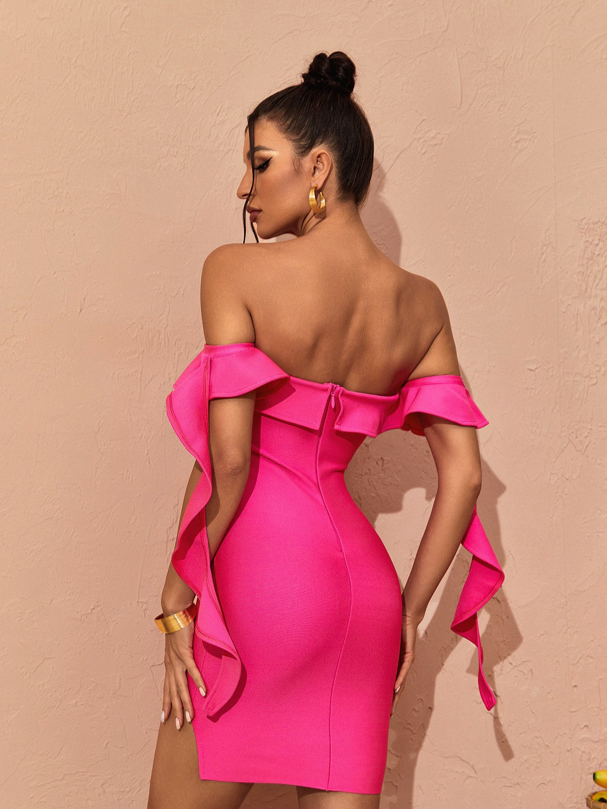 Alivia Off Shoulder Ruffle Bandage Dress In Hot Pink - View 5