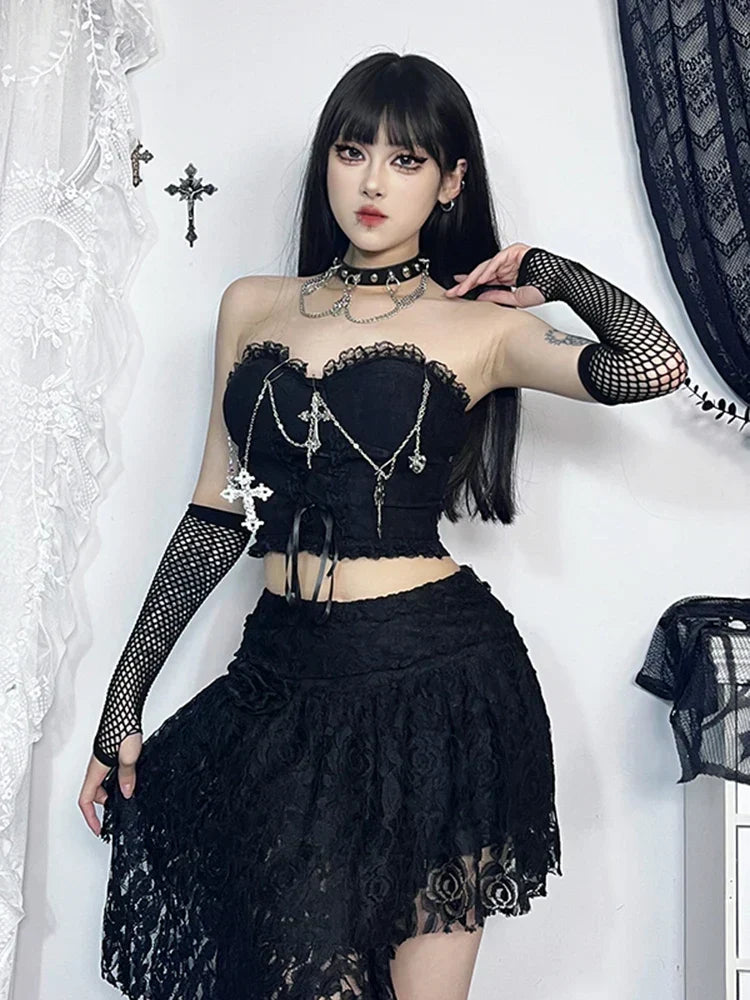 Strapless Lace Trim Cross Chain Lace Up Corset Crop Top