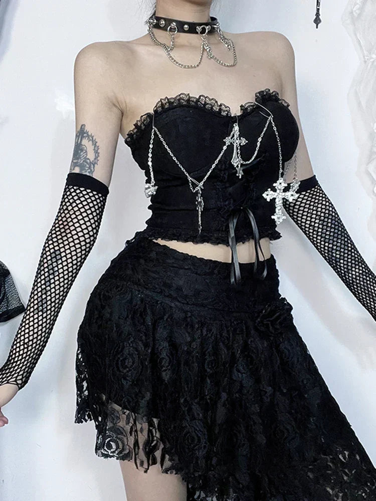 Strapless Lace Trim Cross Chain Lace Up Corset Crop Top 3