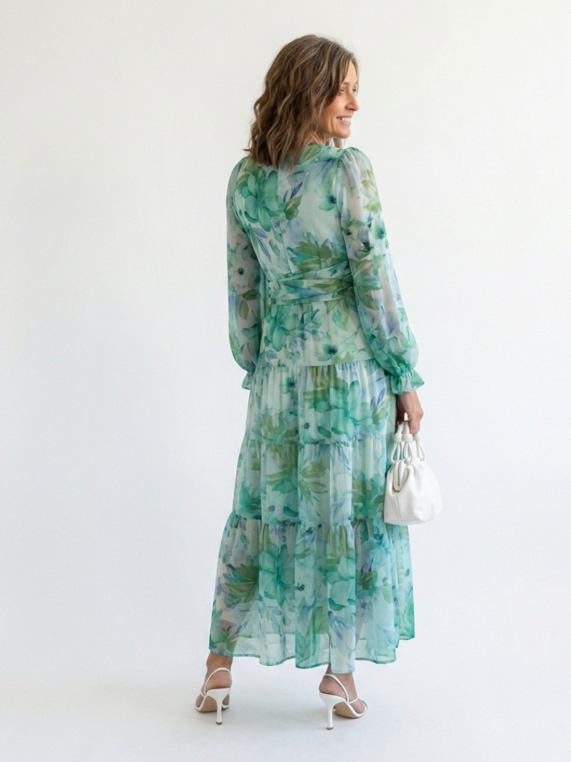 Floral V-Neck Long Sleeve Tiered Maxi Dress 4