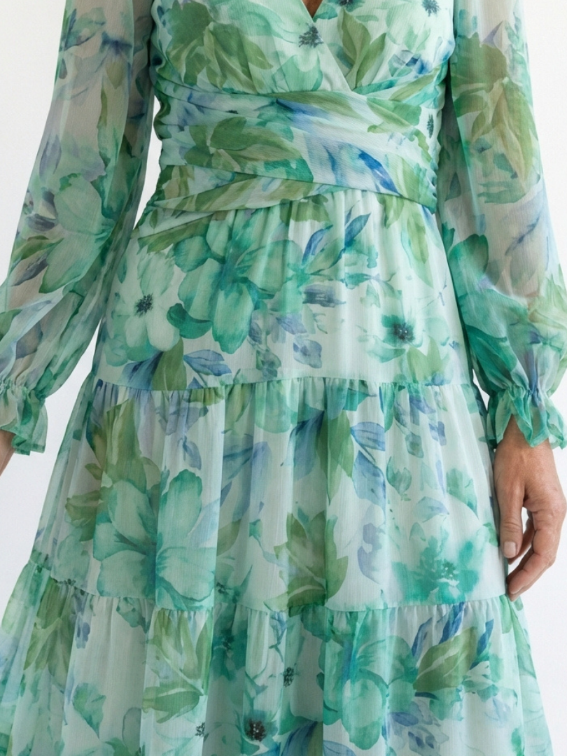 Floral V-Neck Long Sleeve Tiered Maxi Dress 2