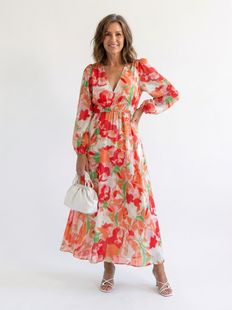 Floral V-Neck Long Sleeve Tiered Maxi Dress 5