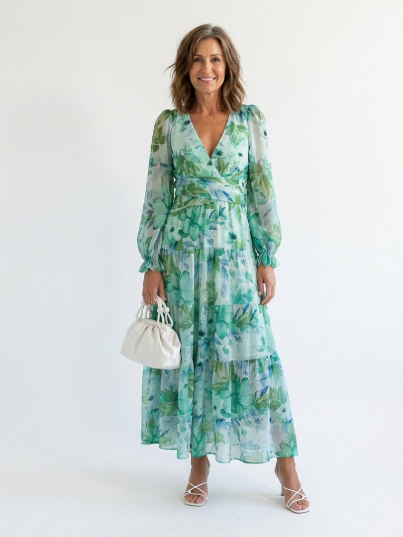 Floral V-Neck Long Sleeve Tiered Maxi Dress