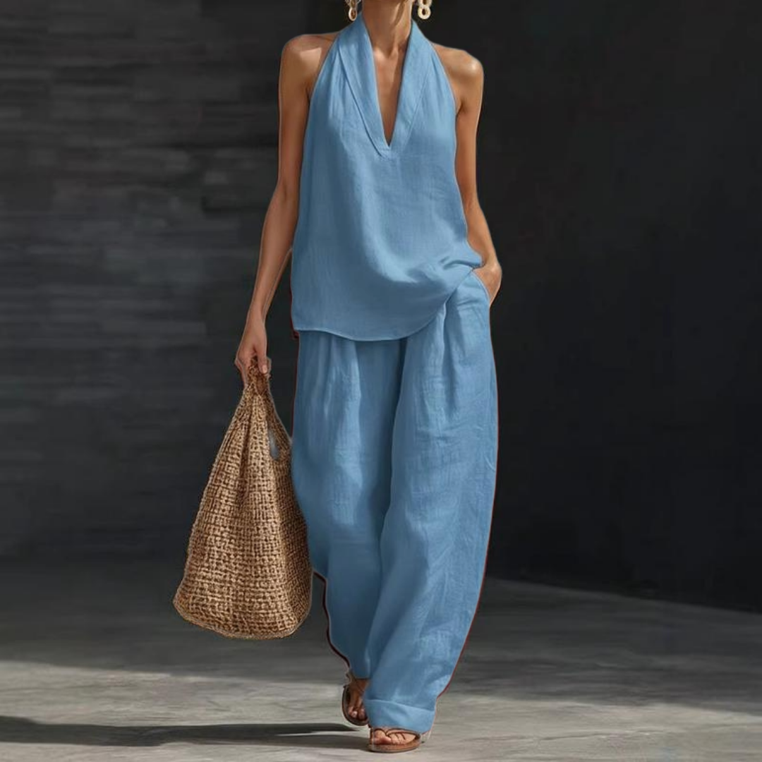 Halter Deep V-Neck Top and Wide Leg Pants Two Piece Set 7