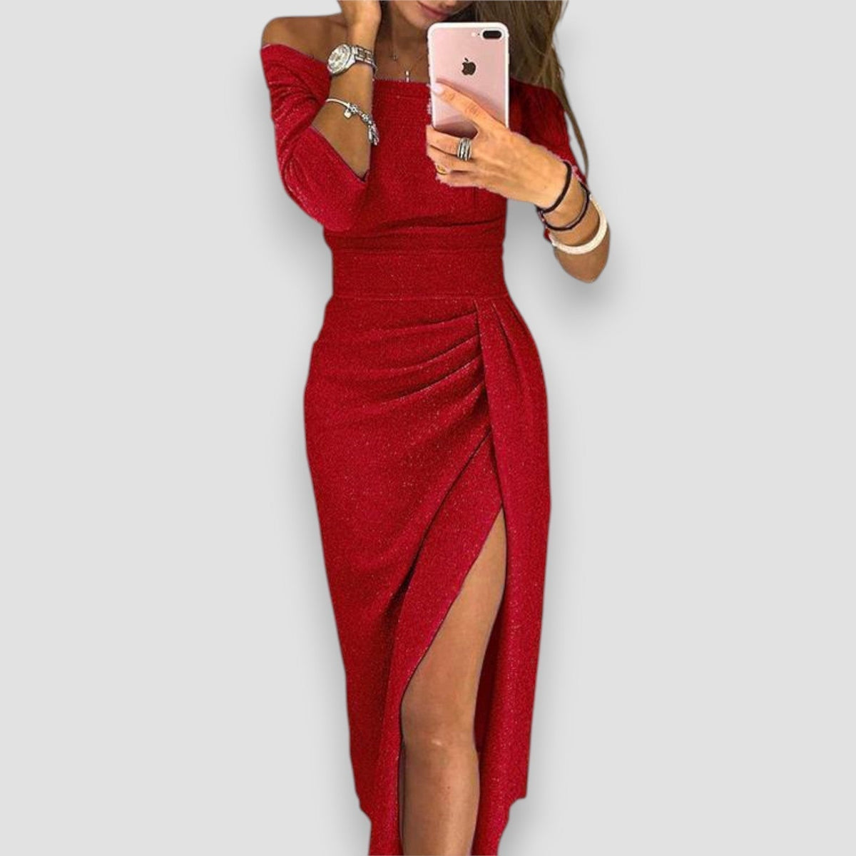 Glitter Off Shoulder Ruched High Split Maxi Gown 6
