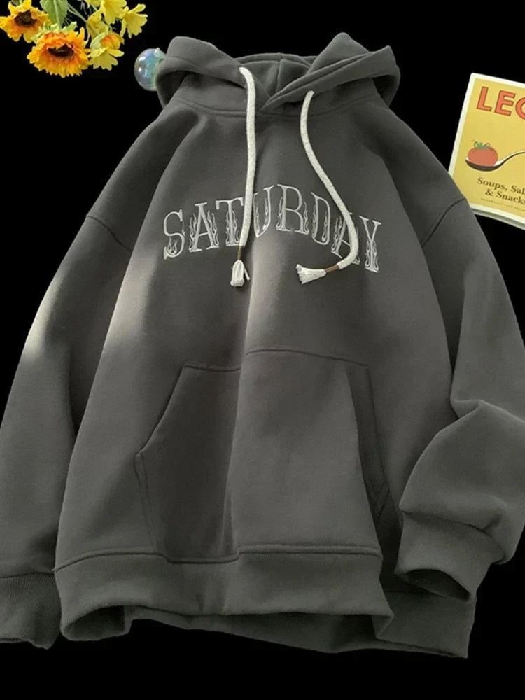 American Flame Print Fleece Y2K Hoodie Dark Grey / M(40-45KG)