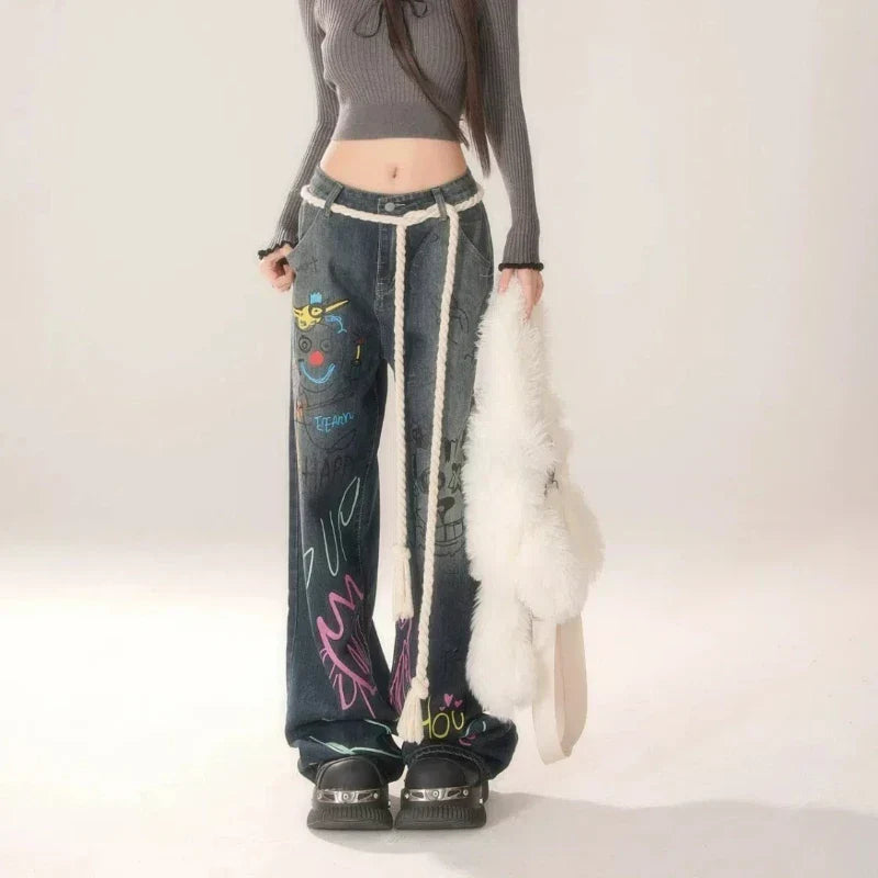 High-Waist Vintage Washed Wide-Leg Denim Jeans