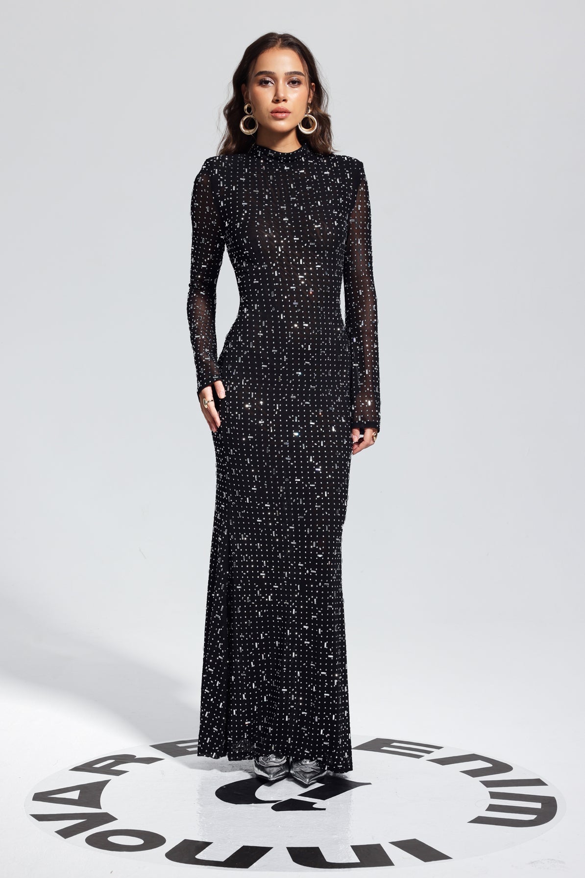 Rhinestone Mesh High Neck Bell Sleeve Bodycon Mermaid Maxi Dress - View 2