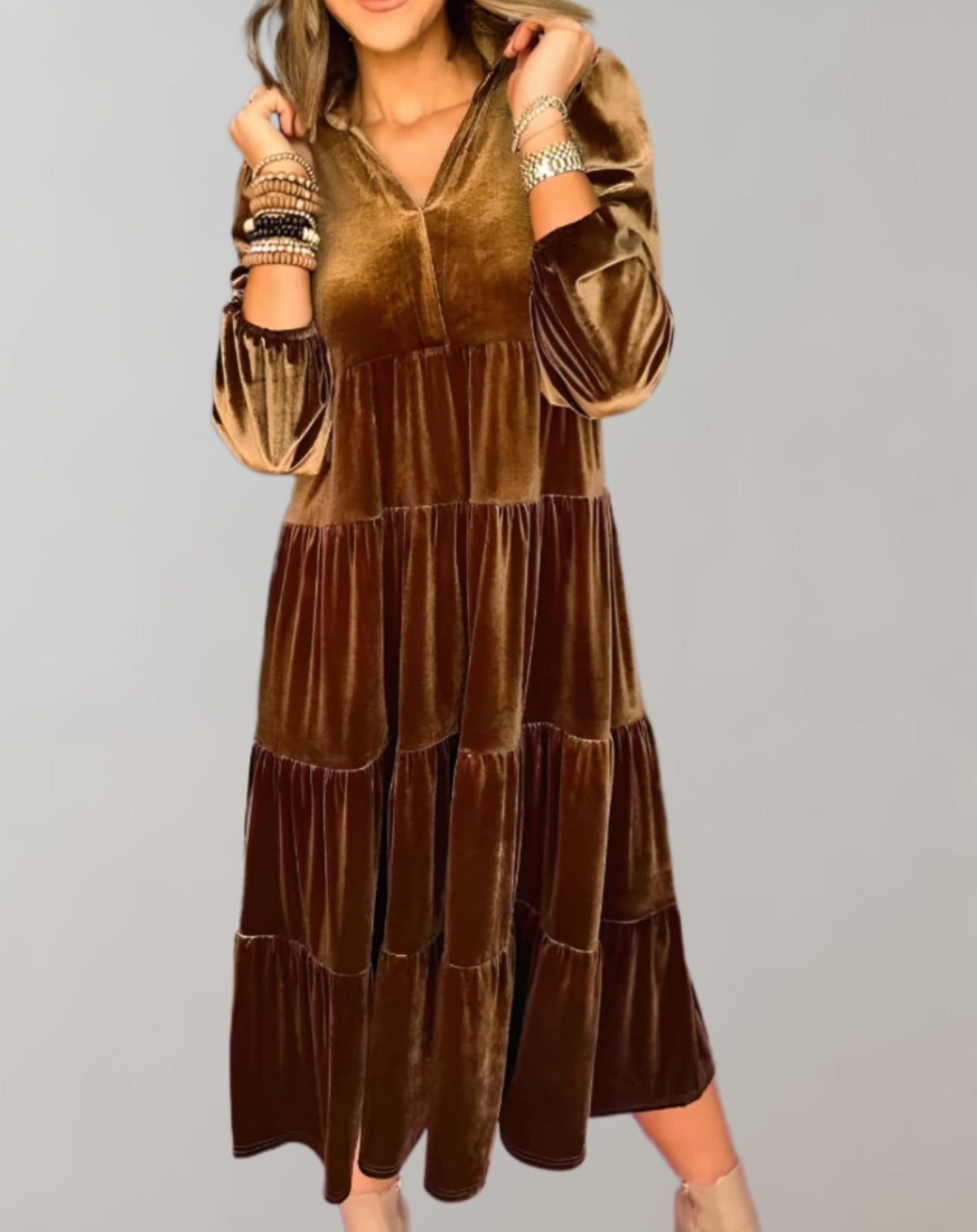 Velvet Collared V-Neck Balloon Sleeve Tiered Babydoll Midi Dress