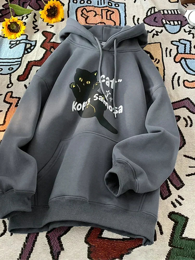 Anime Kawaii Cat Graphic Retro Hoodie Dark Grey / M(40-45KG)