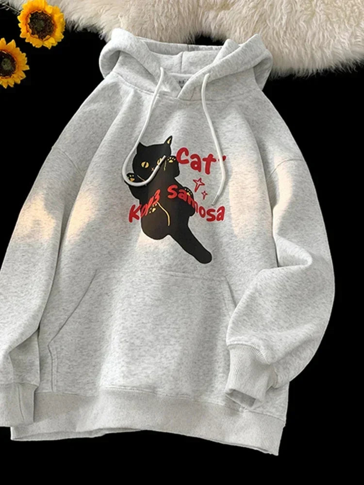 Anime Kawaii Cat Graphic Retro Hoodie GRAY / M(40-45KG)