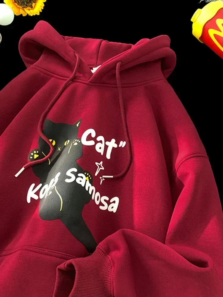 Anime Kawaii Cat Graphic Retro Hoodie Red / M(40-45KG)