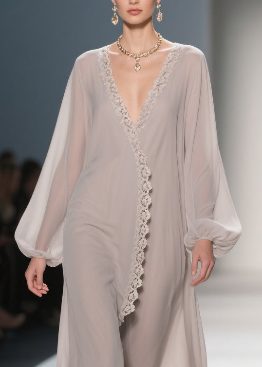 Apricot Lace Solid Chiffon Maxi Dresses V Neck - View 2