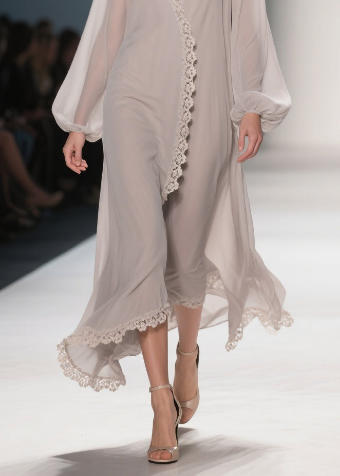 Apricot Lace Solid Chiffon Maxi Dresses V Neck - View 4