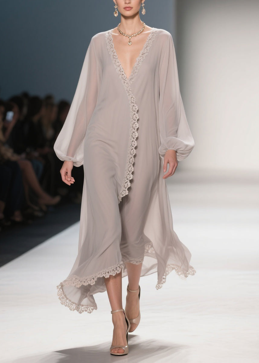 Apricot Lace Solid Chiffon Maxi Dresses V Neck - View 5