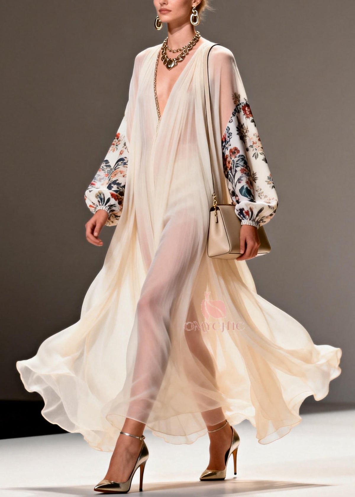 Chiffon Deep V-Neck Floral Balloon Sleeve Pleated Maxi Gown - View 3