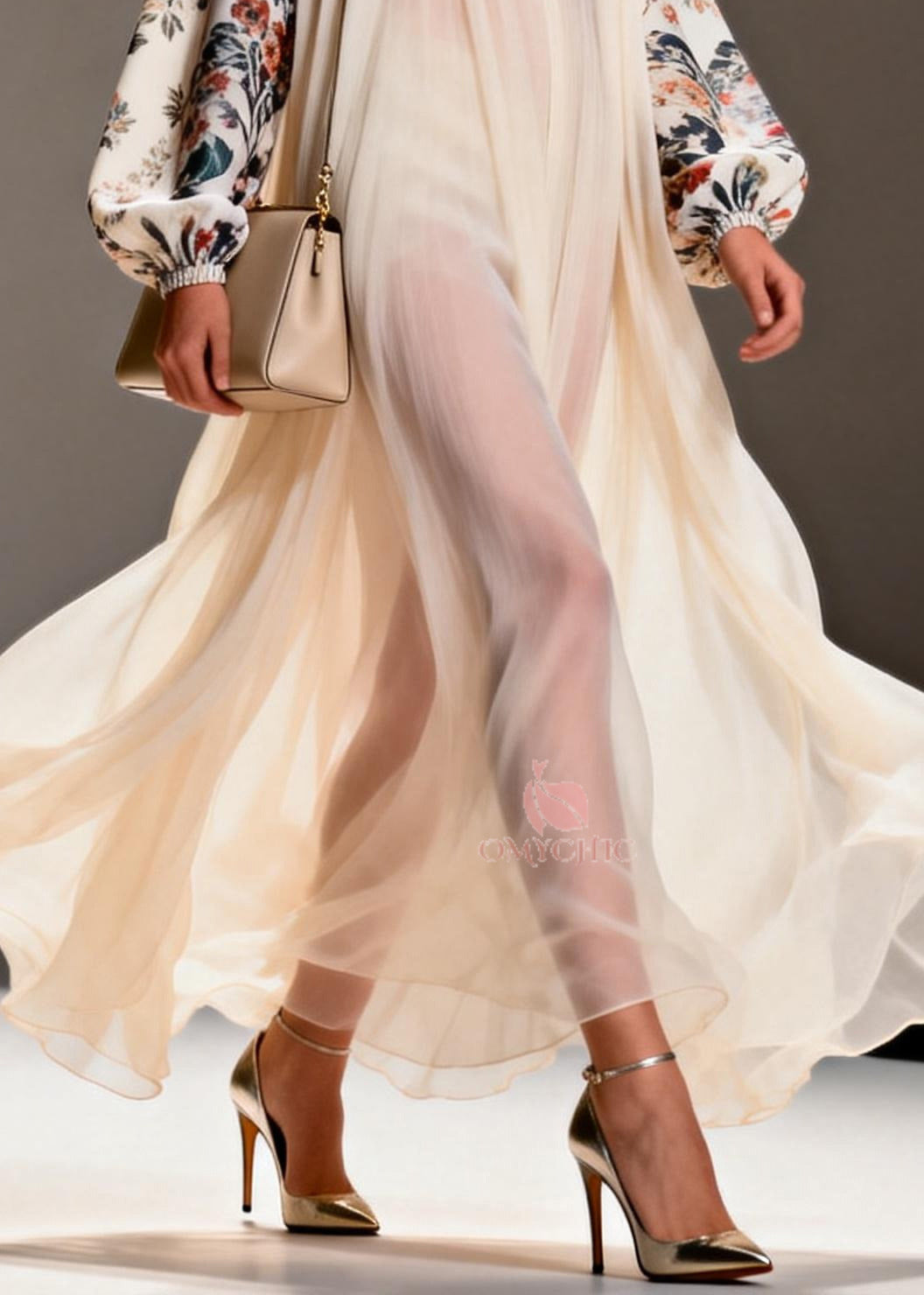 Chiffon Deep V-Neck Floral Balloon Sleeve Pleated Maxi Gown - View 4