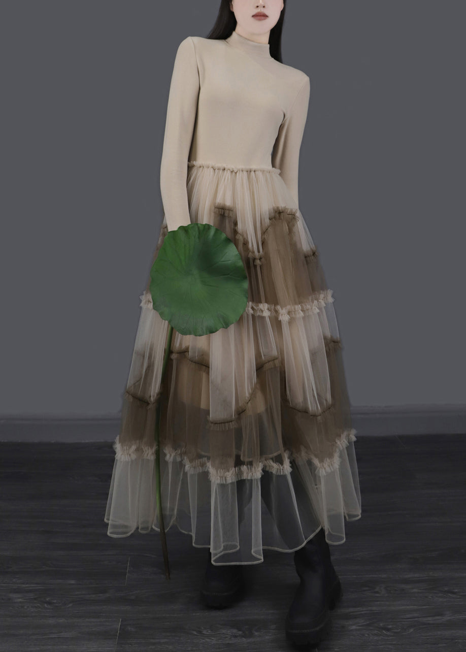 Apricot Ruffled Tulle Patchwork Slim Fit Long Dresses Asymmetrical