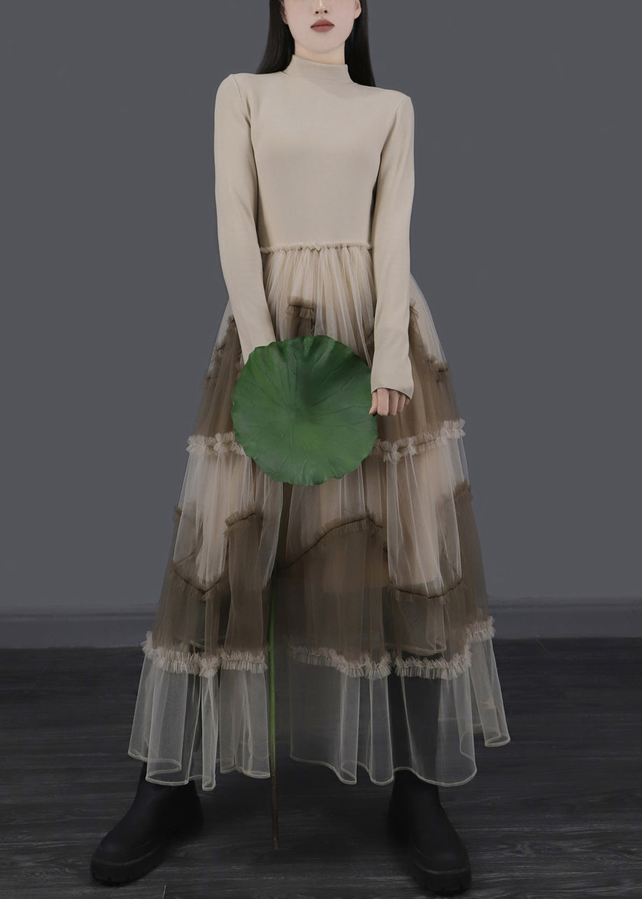 Apricot Ruffled Tulle Patchwork Slim Fit Long Dresses Asymmetrical - View 2
