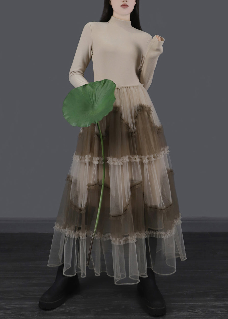 Apricot Ruffled Tulle Patchwork Slim Fit Long Dresses Asymmetrical - View 3