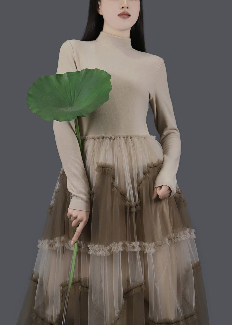 Apricot Ruffled Tulle Patchwork Slim Fit Long Dresses Asymmetrical - View 4