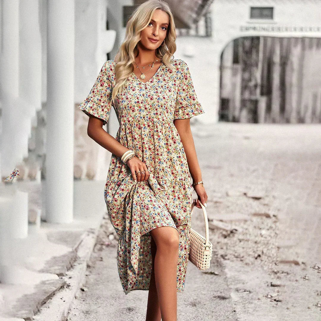 V-Neck Flutter Sleeve Floral Tiered Midi Dress - View 2