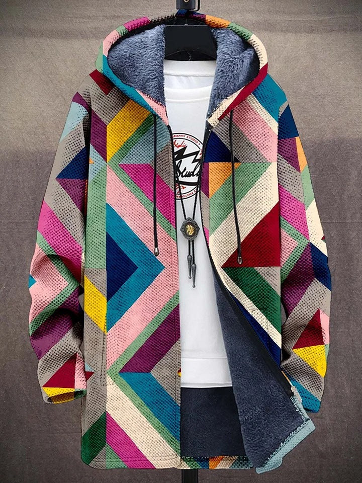Geometric Print Hooded Zip Front Sherpa Fleece Jacket 2
