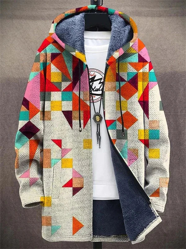 Geometric Print Hooded Zip Front Sherpa Fleece Jacket 3