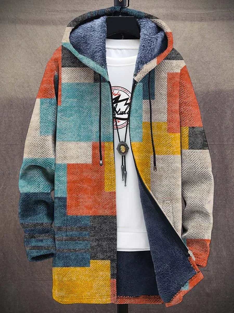 Geometric Print Hooded Zip Front Sherpa Fleece Jacket 4