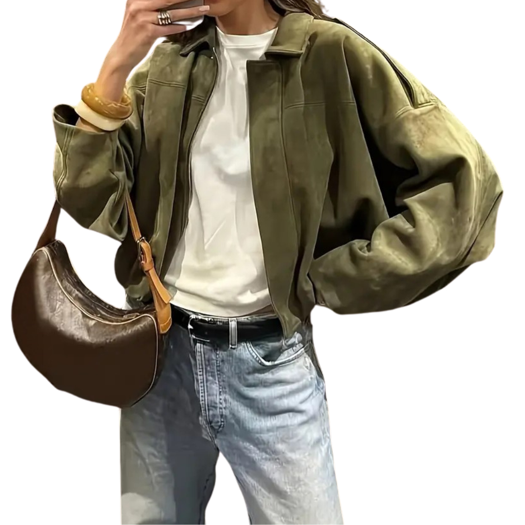 Suede Look Zip Front Cropped Bomber Jacket
