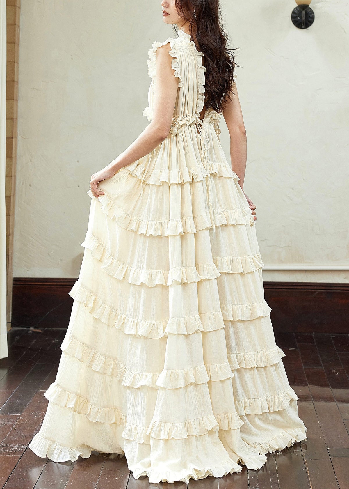Art Beige Backless Ruffled Lace Up Cotton Long Dress Sleeveless - View 5