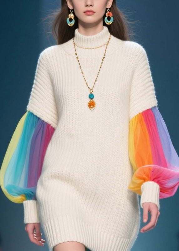 Knit Mock Neck Tulle Lantern Sleeve Ribbed Cuff Mini Sweater Dress - View 2