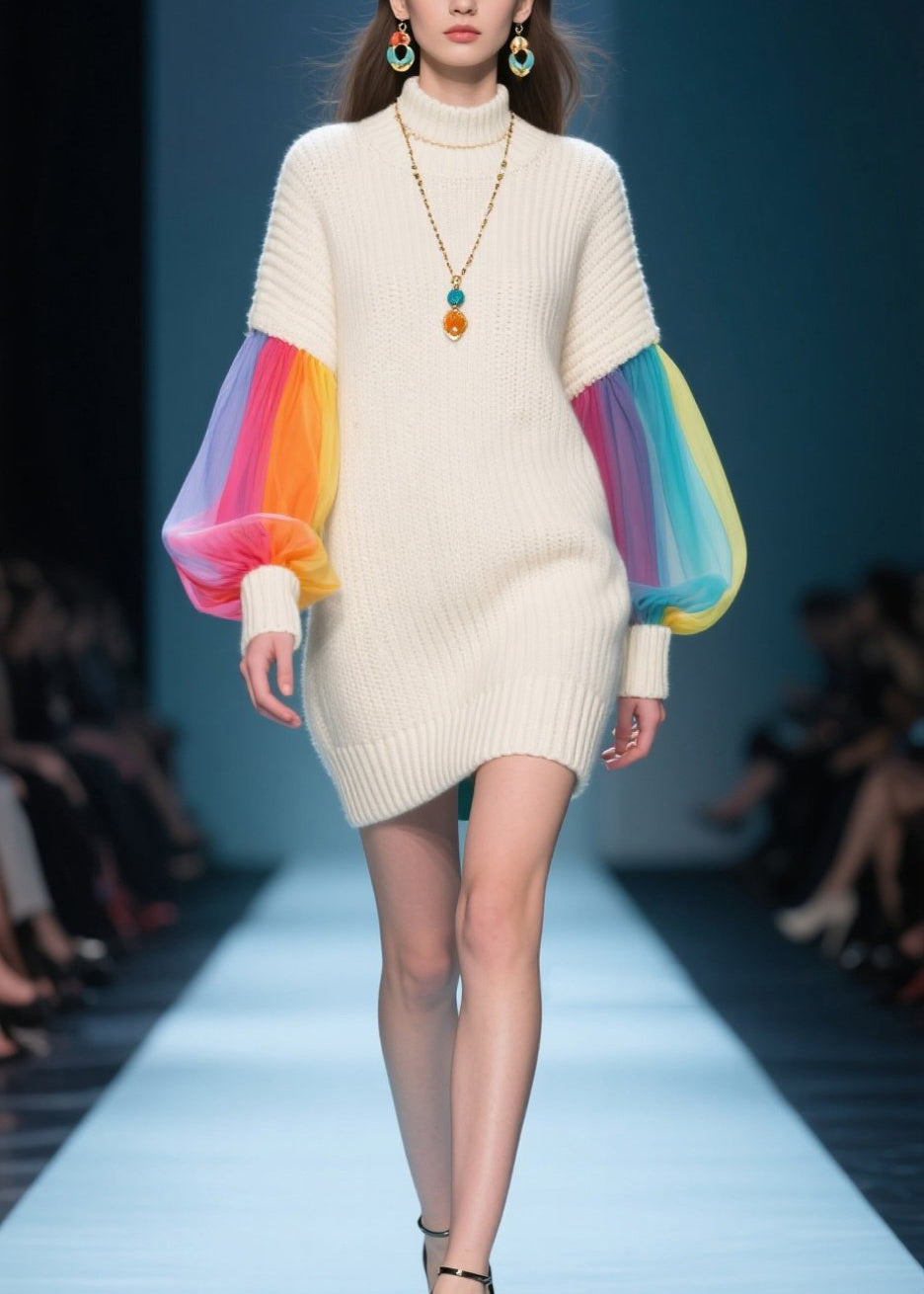 Knit Mock Neck Tulle Lantern Sleeve Ribbed Cuff Mini Sweater Dress - View 3
