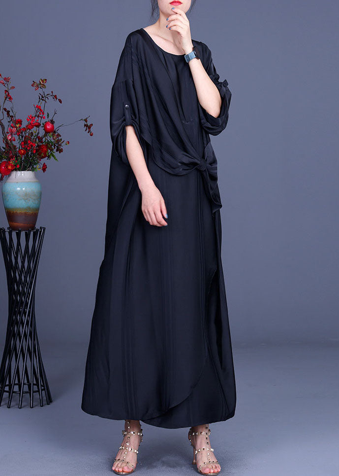 Batwing Sleeve Round Neck Knotted Waist Draped Panel Maxi Dress - View 3