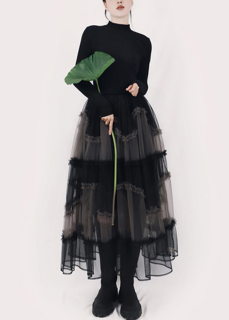Art Black Asymmetrical Ruffled Tulle Patchwork Long Dresses Winter - View 2