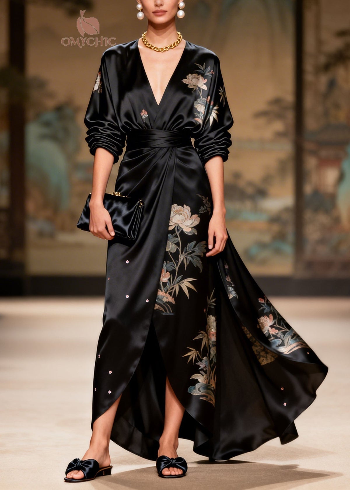 Bamboo Floral Print V-Neck Long Sleeve Wrap Belted Satin Maxi Gown - View 5