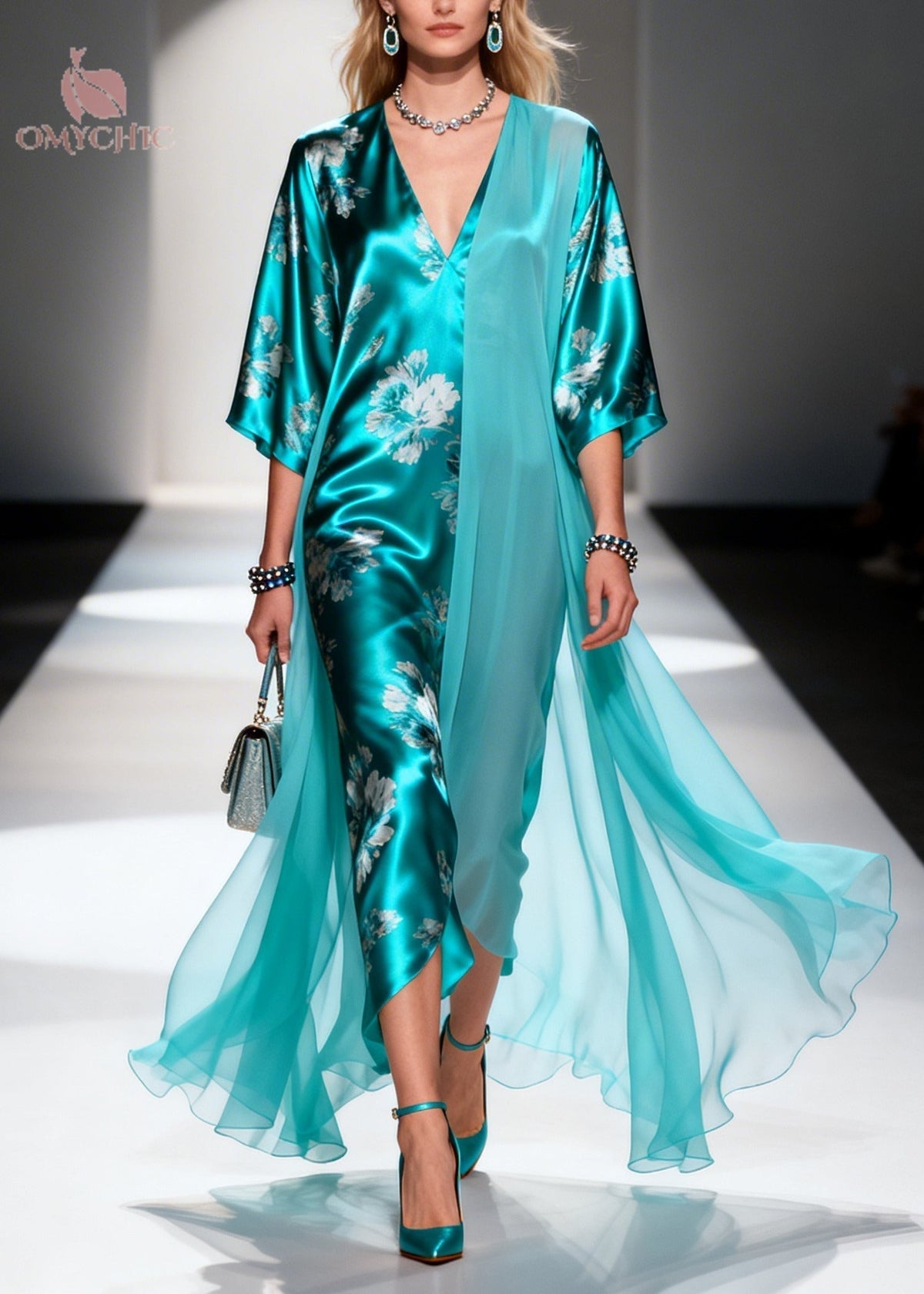 Floral Deep V-Neck Half Sleeve Satin Draped Chiffon Maxi Dress