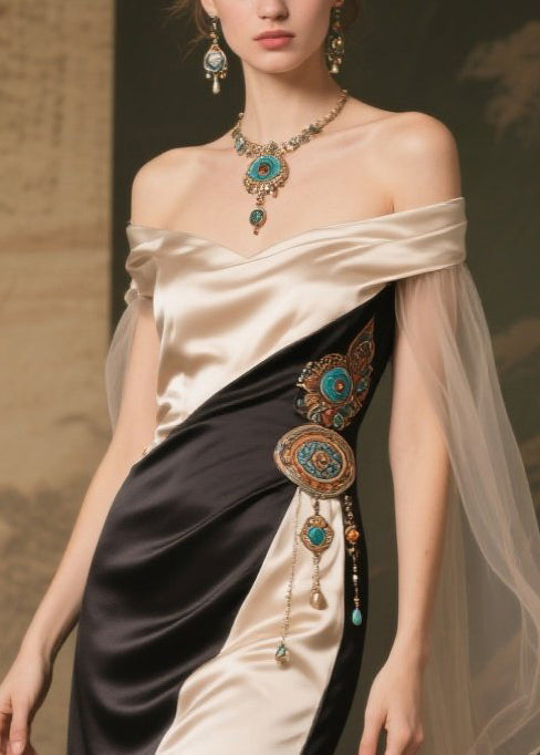 Colorblock Off Shoulder Wrap Cape Panel Filigree Waist Maxi Gown - View 2