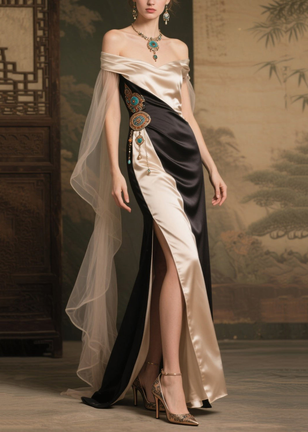 Colorblock Off Shoulder Wrap Cape Panel Filigree Waist Maxi Gown - View 3