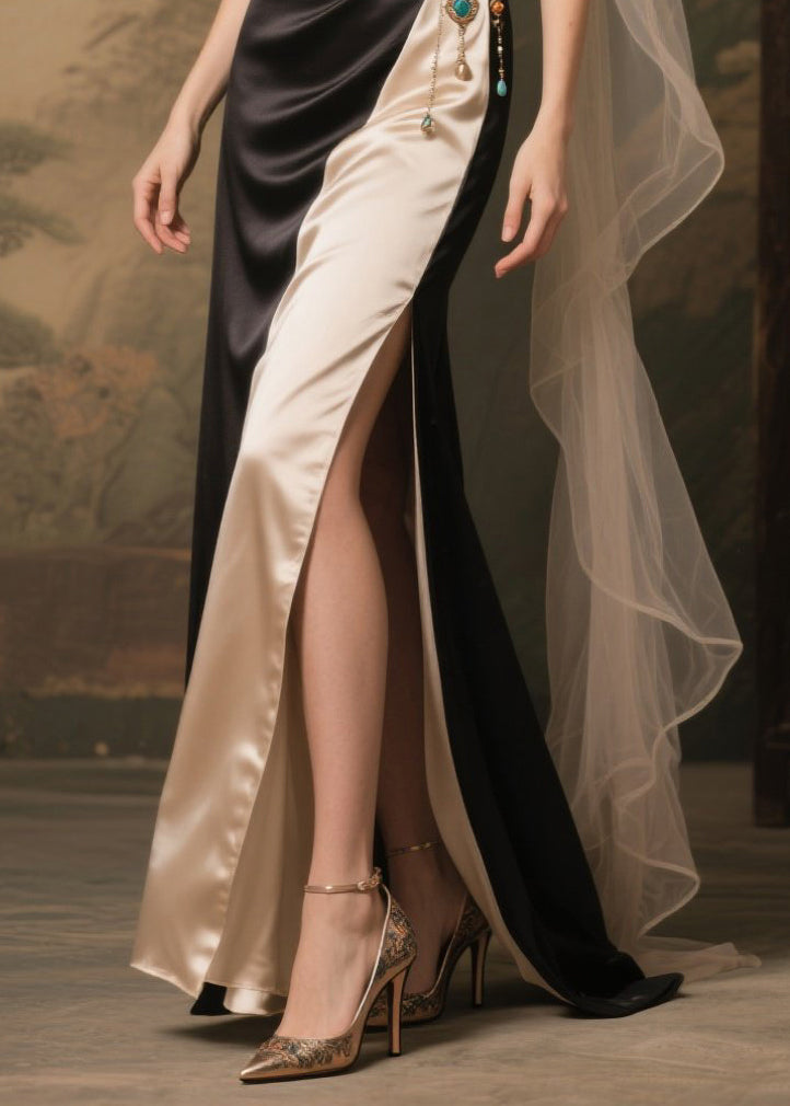 Colorblock Off Shoulder Wrap Cape Panel Filigree Waist Maxi Gown - View 4