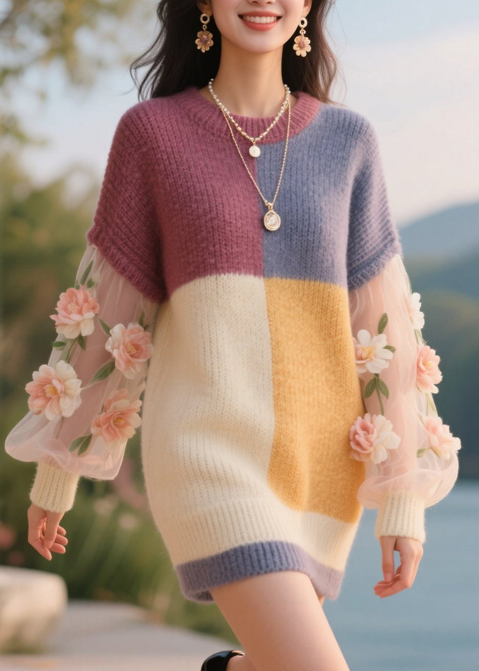 Colorblock Knit Crew Neck Tulle Floral Appliqué Mini Dress