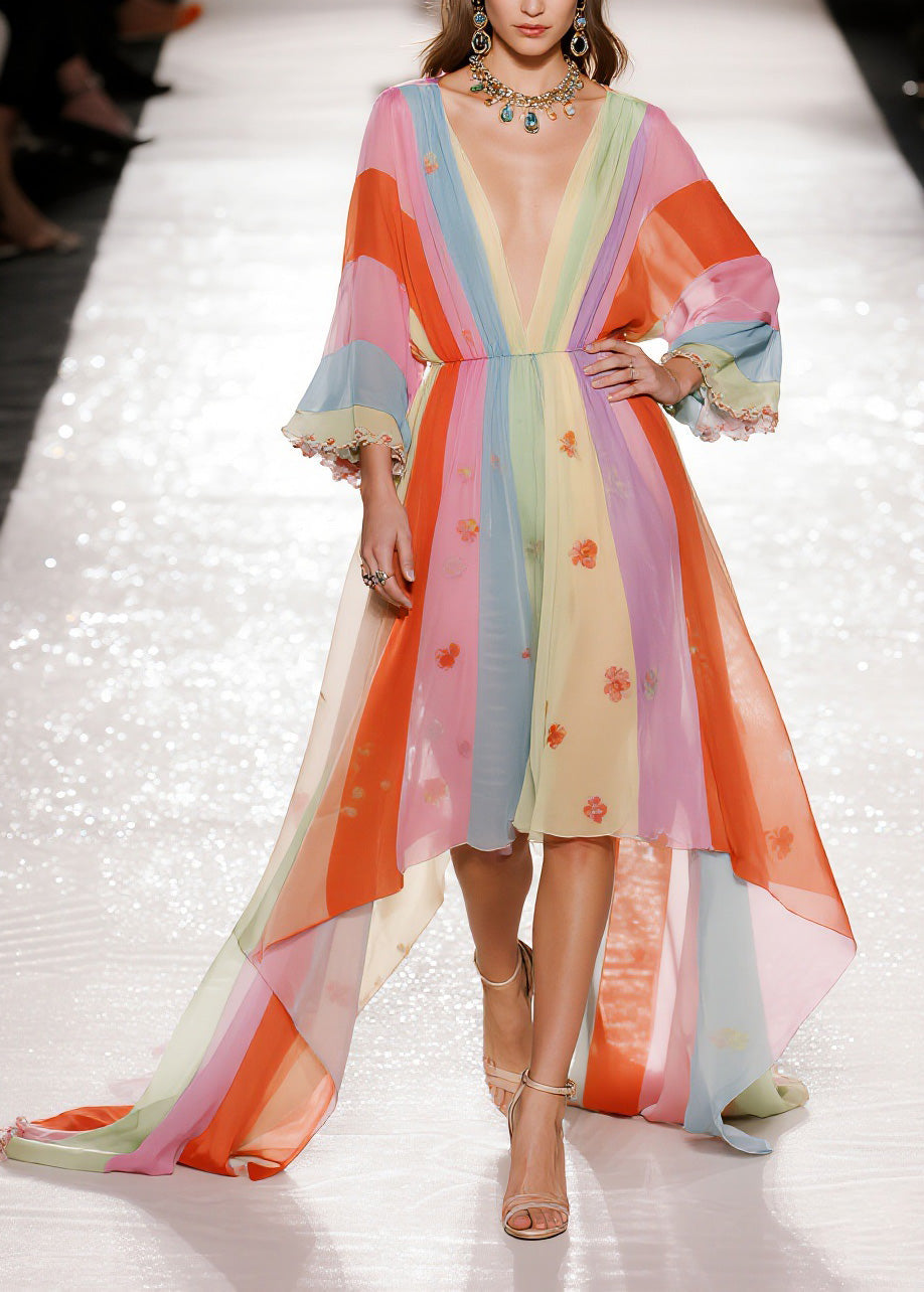 Chiffon Deep V-Neck Bell Sleeve Floral Striped Maxi Gown