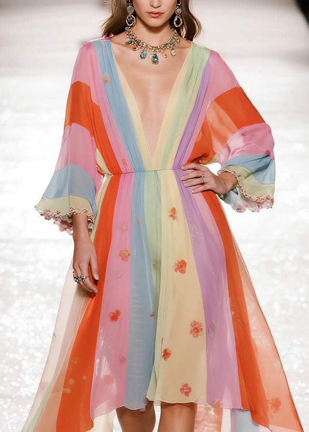 Chiffon Deep V-Neck Bell Sleeve Floral Striped Maxi Gown - View 2