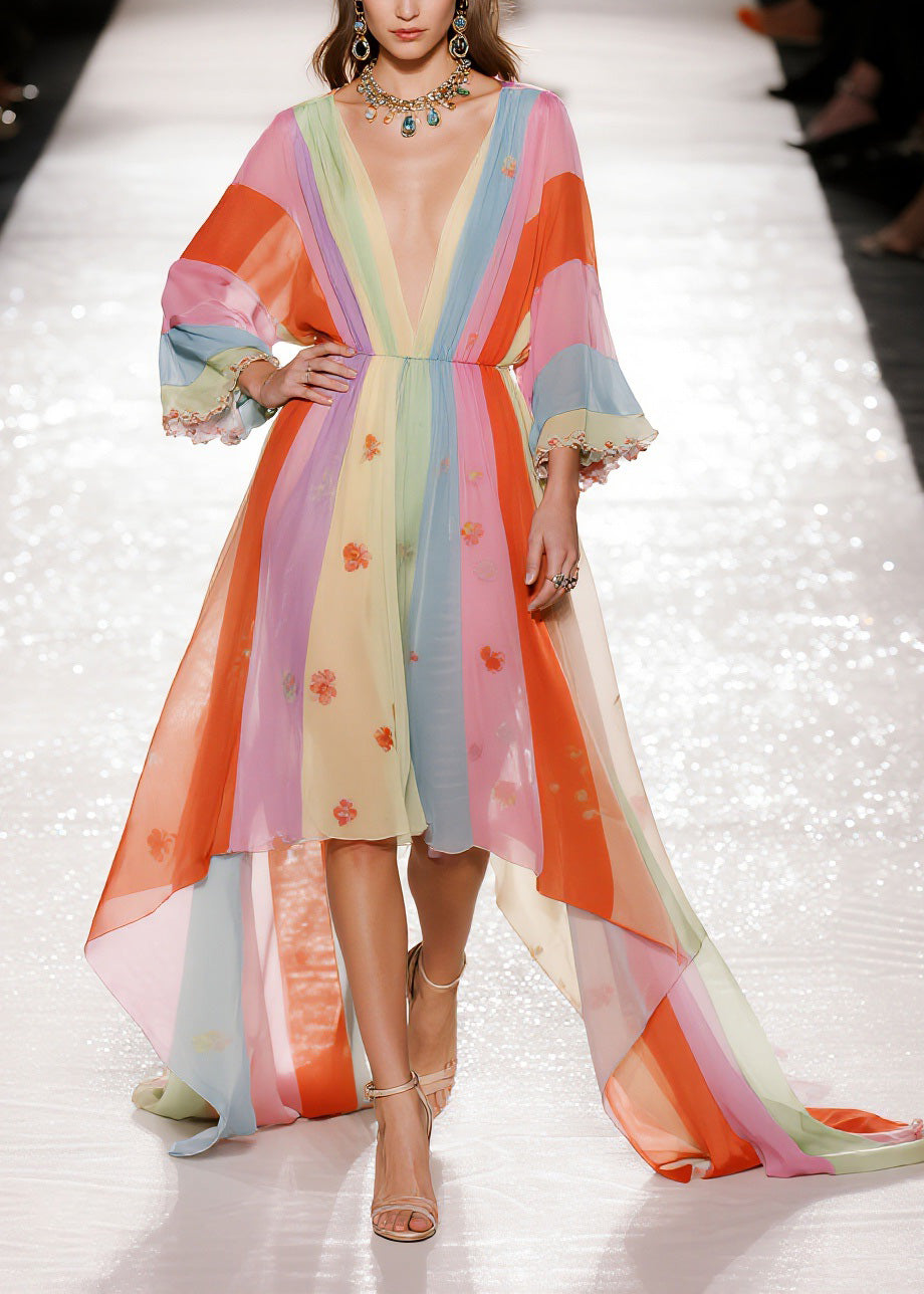 Chiffon Deep V-Neck Bell Sleeve Floral Striped Maxi Gown - View 3