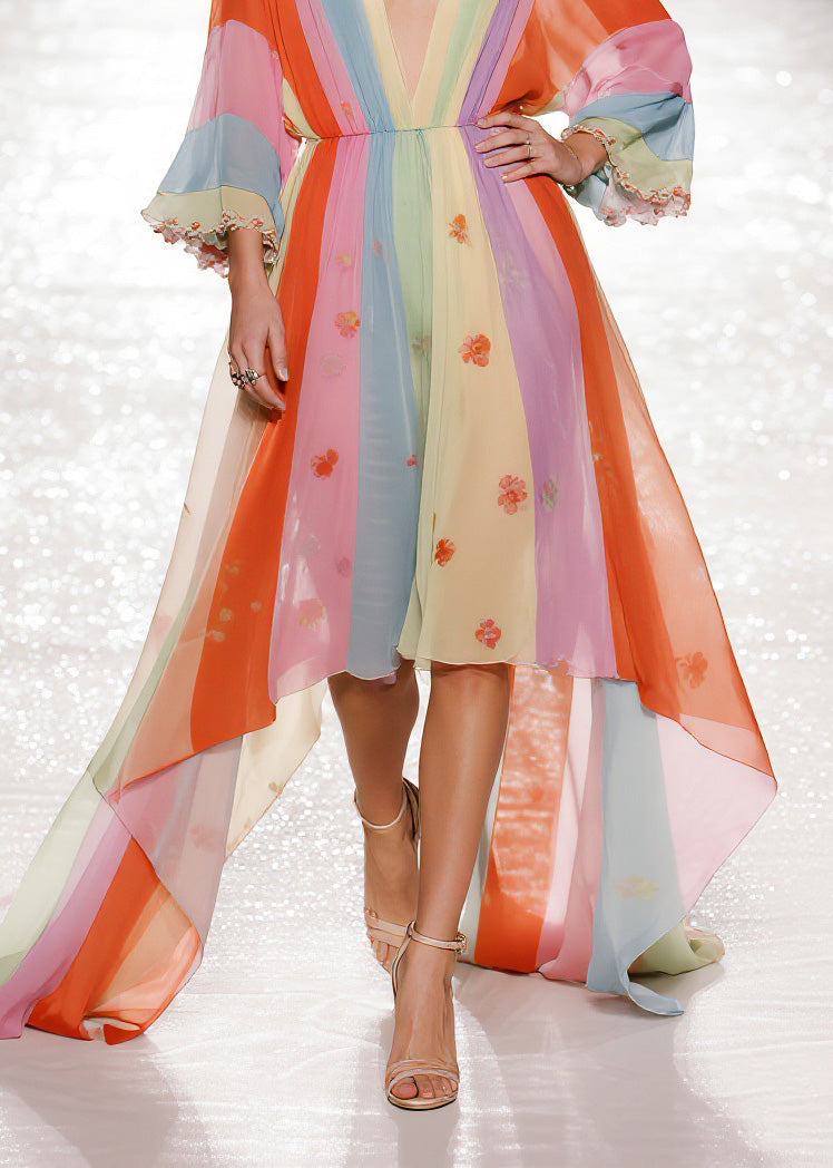 Chiffon Deep V-Neck Bell Sleeve Floral Striped Maxi Gown - View 4