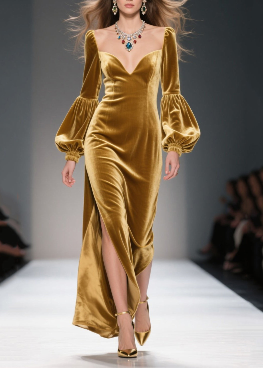 Art Golden Bustier Top Side Open Silk Velvet Maxi Dresses Lantern Sleeve - View 3