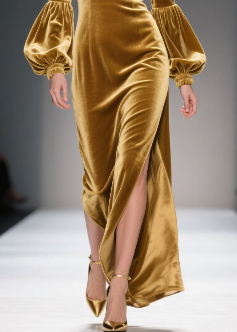 Art Golden Bustier Top Side Open Silk Velvet Maxi Dresses Lantern Sleeve - View 4