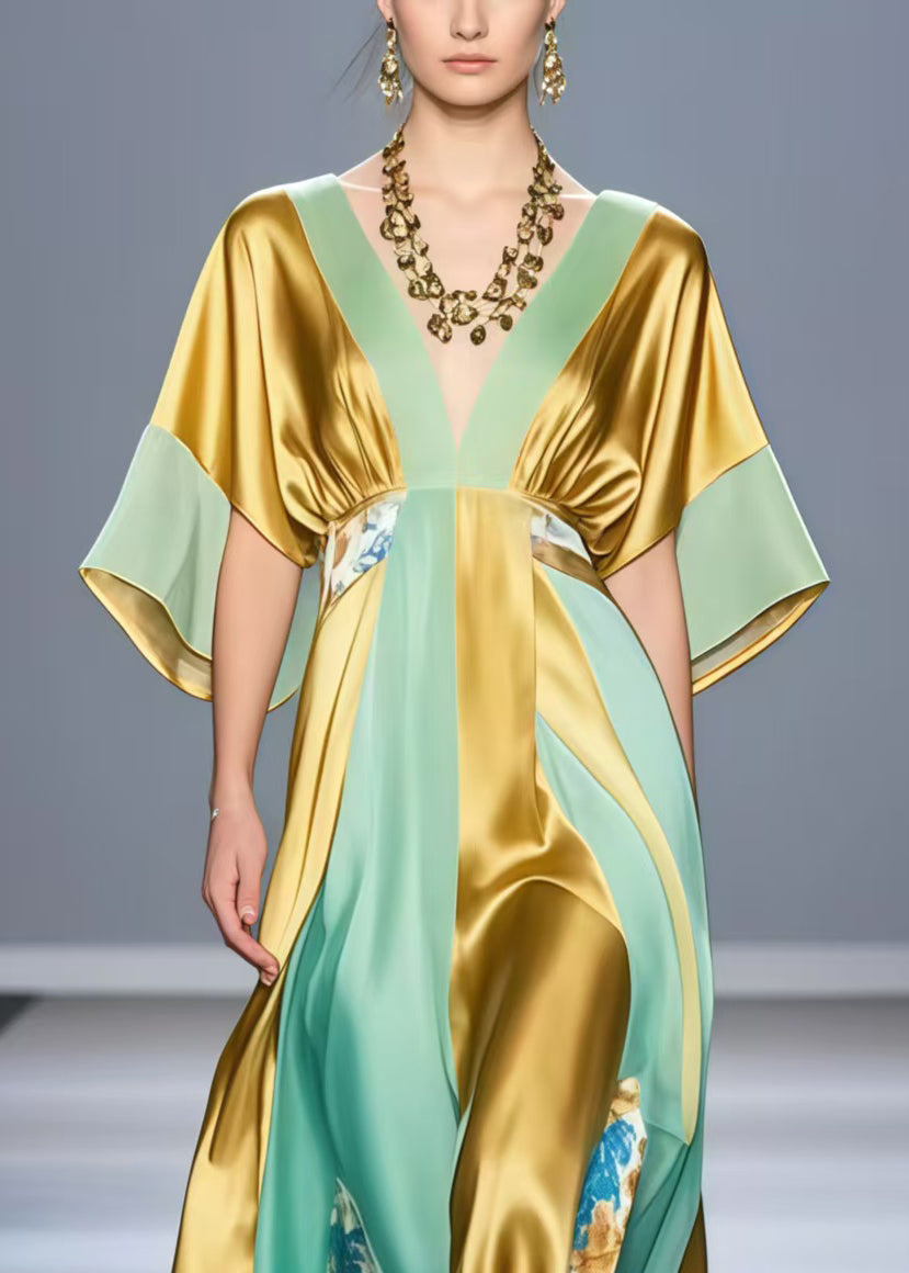 Satin Deep V-Neck Kimono Sleeve Paneled Floral Insert Maxi Gown - View 2
