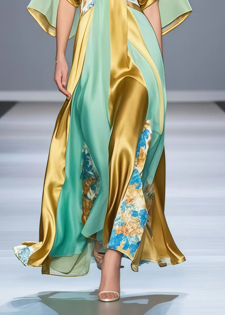 Satin Deep V-Neck Kimono Sleeve Paneled Floral Insert Maxi Gown - View 4
