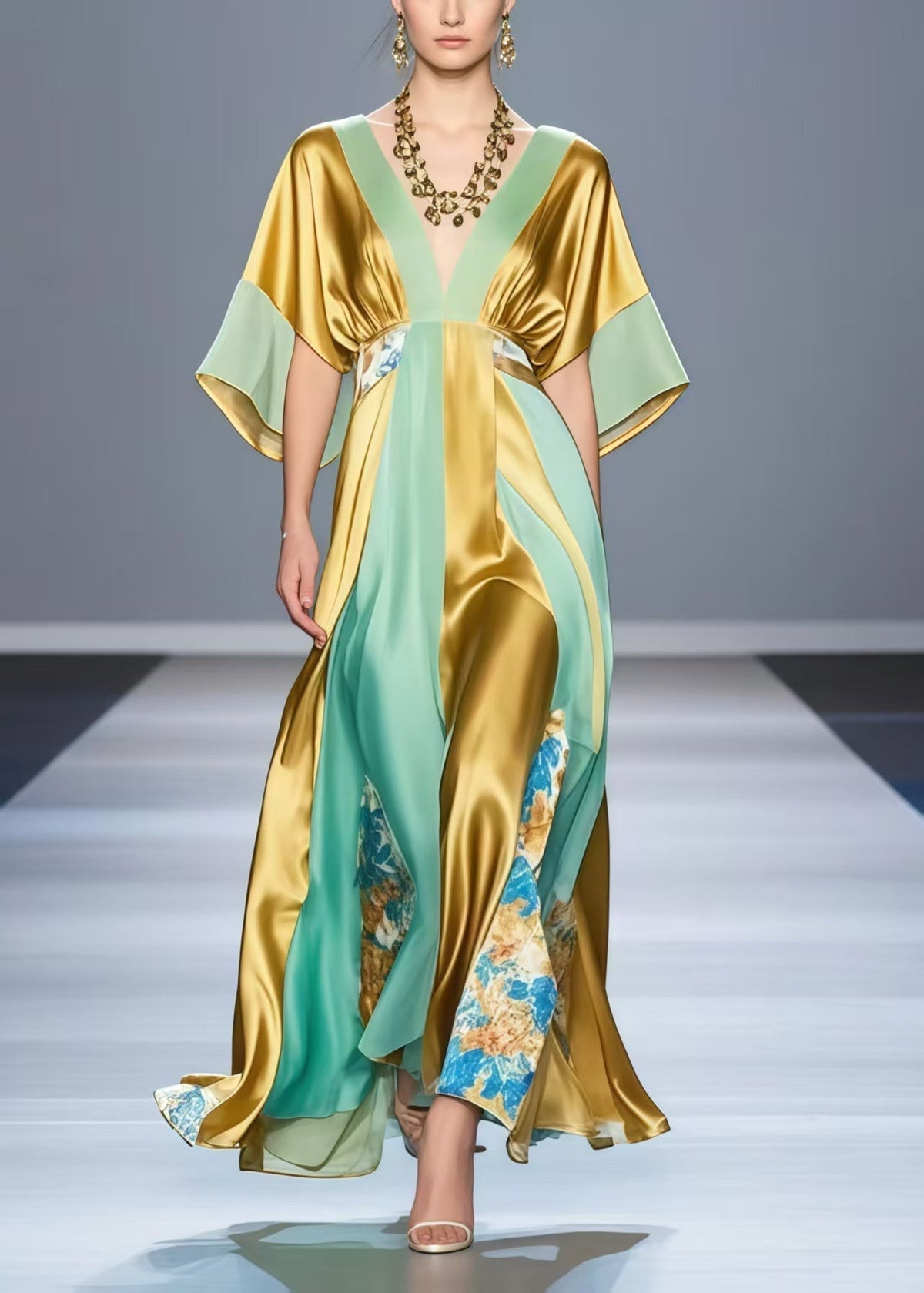 Satin Deep V-Neck Kimono Sleeve Paneled Floral Insert Maxi Gown - View 5